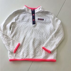 Vineyard Vines White Quilted Kids Pullover with Neon Pink Trim